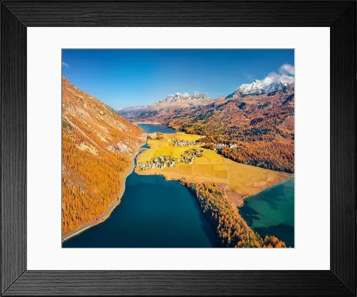 Framed Print : Sunny autumn view from flying drone of Sils lake Framed Print : Sunny autumn view from flying drone of Sils lake