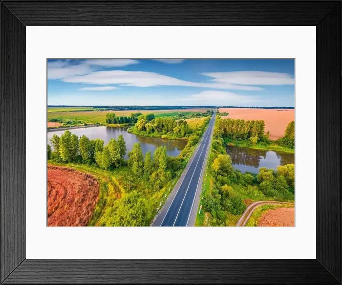 Framed Print : Superb summer sunrise on Ternopil outskirts with two lakes and asphalt road on the midle Framed Print : Superb summer sunrise on Ternopil outskirts with two lakes and asphalt road on the midle