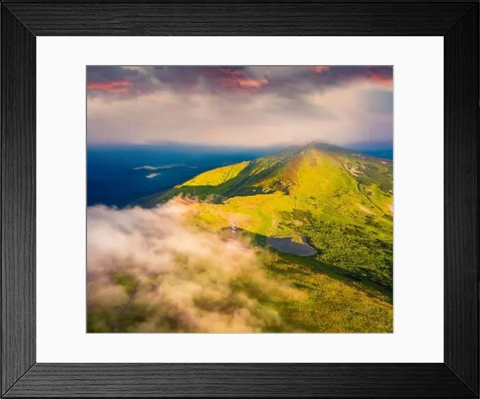 Framed Print : Breathtaking view from flying drone of Nesamovyte Lake and Turkul Peak Framed Print : Breathtaking view from flying drone of Nesamovyte Lake and Turkul Peak