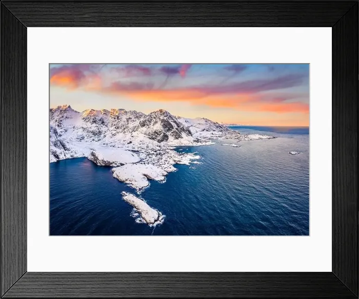 Framed Print : Majestic winter view from flying drone of southernmost of Lofoten islands town Framed Print : Majestic winter view from flying drone of southernmost of Lofoten islands town