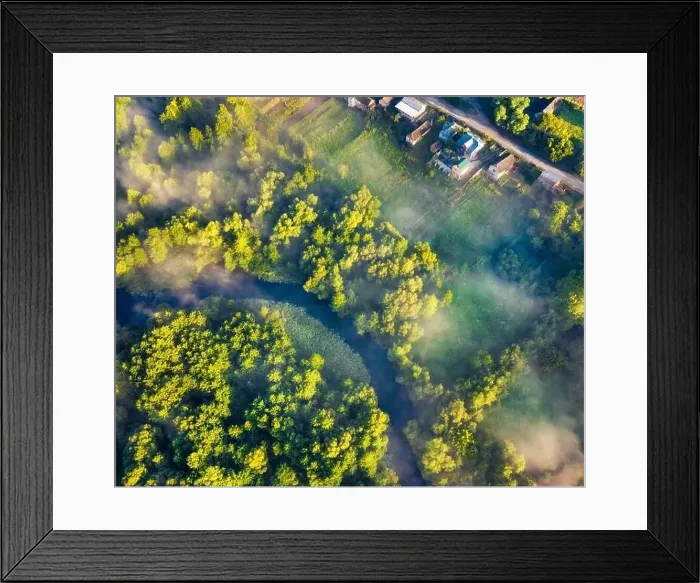 Framed Print : Aerial landscape photography. Straight down view from flying drone of small river on the foggy forest Framed Print : Aerial landscape photography. Straight down view from flying drone of small river on the foggy forest