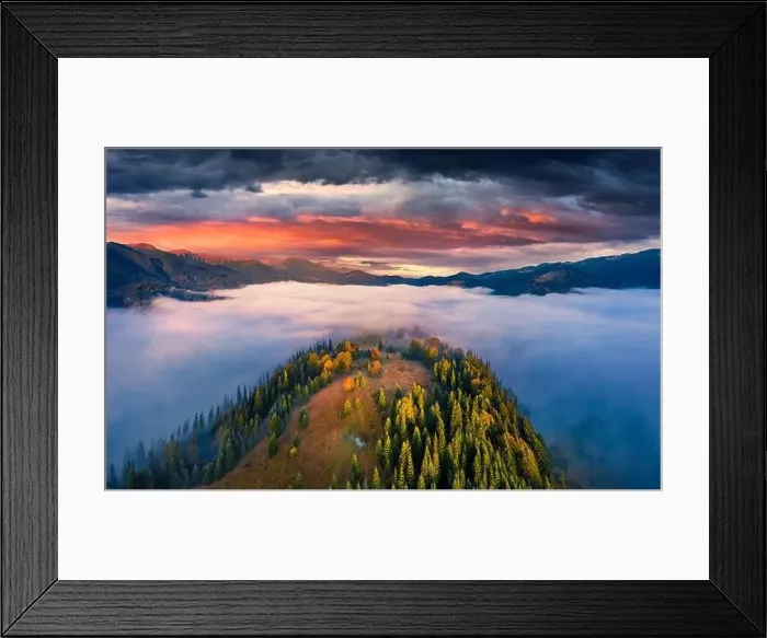Framed Print : Aerial landscape photography. Sea of fog covered mountain valleys and hills Framed Print : Aerial landscape photography. Sea of fog covered mountain valleys and hills
