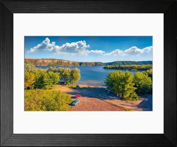 Framed Print : Aerial landscape photography. Sunny morning view from flying drone of Dnister river Framed Print : Aerial landscape photography. Sunny morning view from flying drone of Dnister river