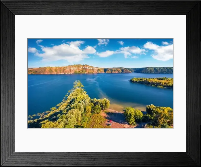 Framed Print : Aerial evening view from flying drone of Dnister river Framed Print : Aerial evening view from flying drone of Dnister river