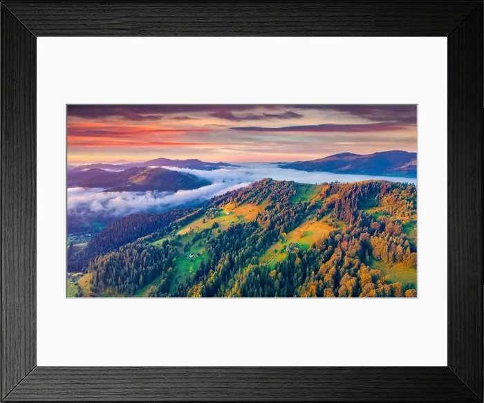 Framed Print : Aerial landscape photography. Amazing sunrise on Carpathian mountains Framed Print : Aerial landscape photography. Amazing sunrise on Carpathian mountains