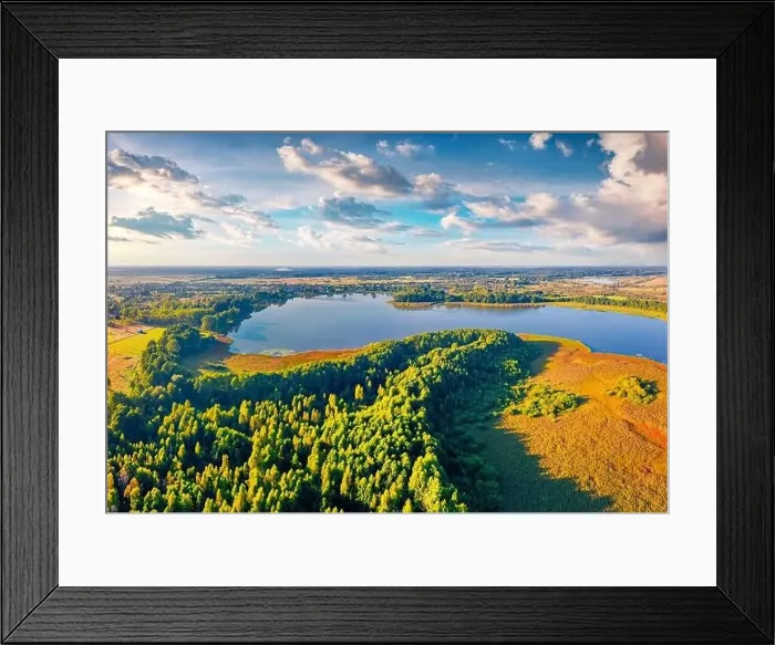 Framed Print : Beautiful summer scenery. Stunning morning view from flying drone of Pishchans'ke lake Framed Print : Beautiful summer scenery. Stunning morning view from flying drone of Pishchans'ke lake