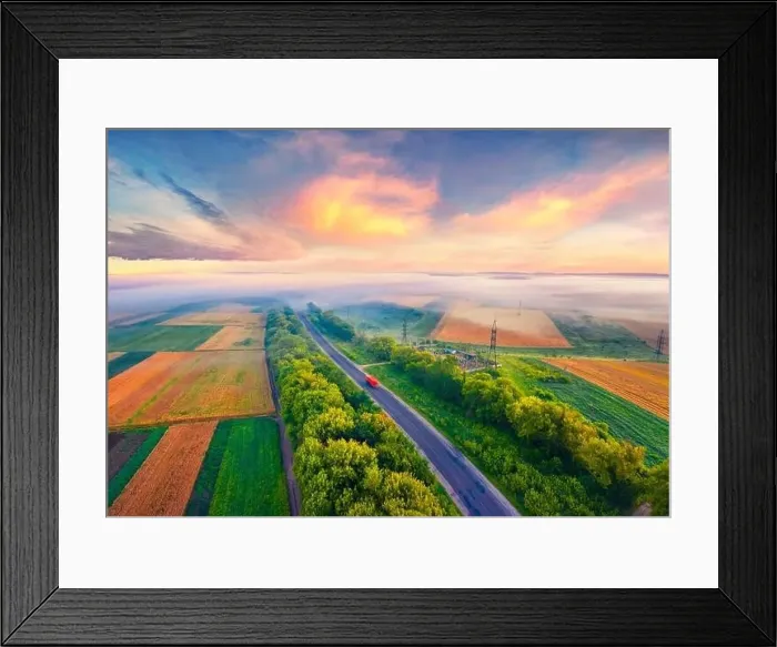 Framed Print : Wonderful dawn on Ukrainian countryside with foggy fields Framed Print : Wonderful dawn on Ukrainian countryside with foggy fields