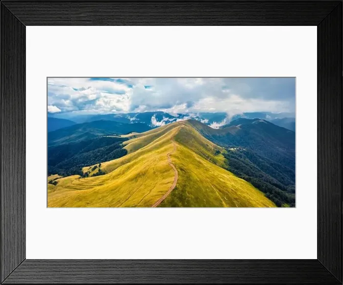 Framed Print : Aerial landscape photography. Dramatic morning view from flying drone of Svydovets mountain range with old country road Framed Print : Aerial landscape photography. Dramatic morning view from flying drone of Svydovets mountain range with old country road