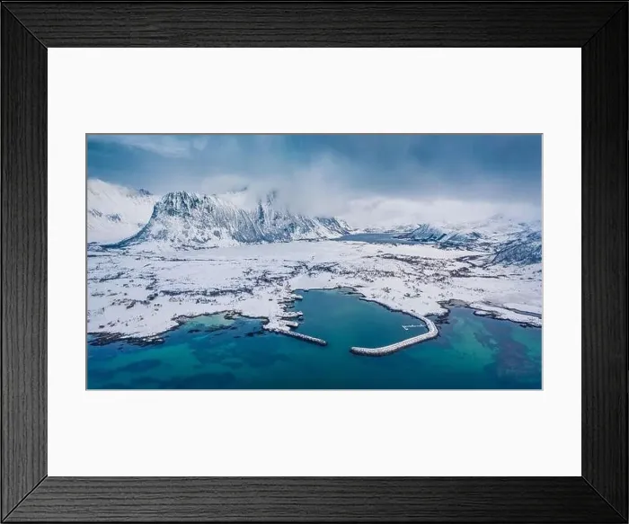 Framed Print : Aerial landscape photography. Misty morning view from flying drone of Vestersand port Framed Print : Aerial landscape photography. Misty morning view from flying drone of Vestersand port