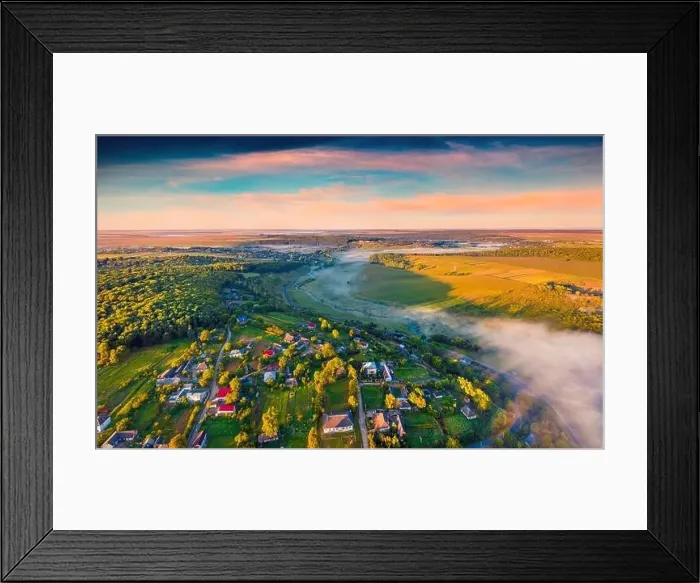 Framed Print : Aerial landscape photography. Stunning summer view from flying drone of Ukrainian countryside with foggy river Framed Print : Aerial landscape photography. Stunning summer view from flying drone of Ukrainian countryside with foggy river