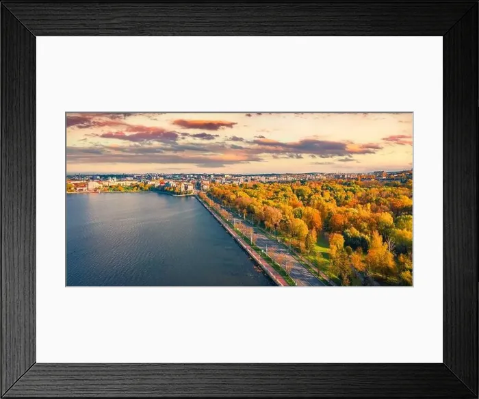 Framed Print : Aerial landscape photography. Colorful autumn cityscape of Ternopil town Framed Print : Aerial landscape photography. Colorful autumn cityscape of Ternopil town