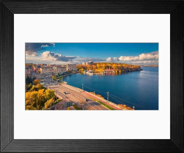 Framed Print : Colorful autumn view from flying drone of Ternopil town Framed Print : Colorful autumn view from flying drone of Ternopil town