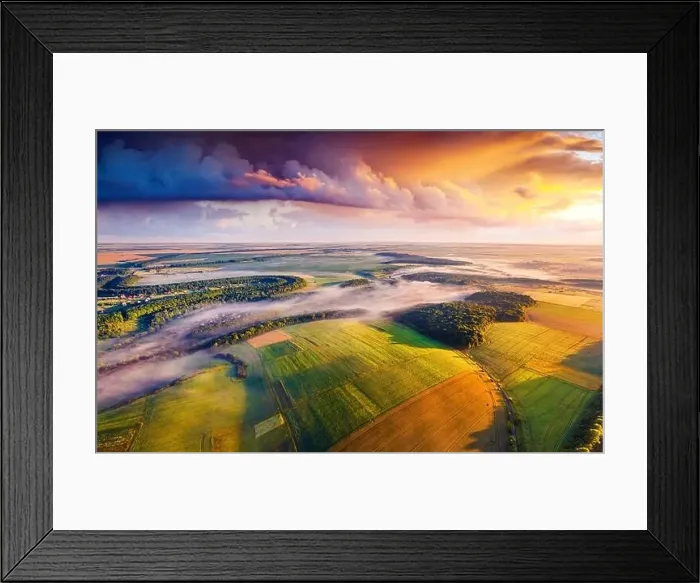Framed Print : Spectacular summer view from flying drone of Ukrainian countryside with field of wheat and foggy valleys