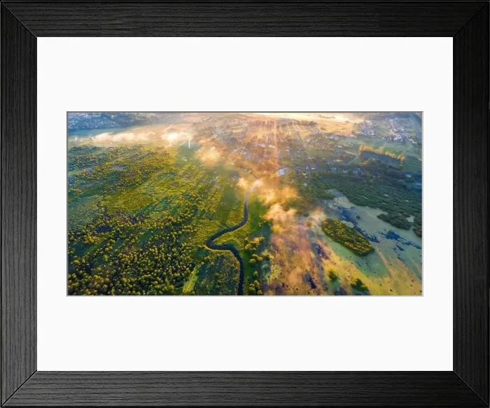 Framed Print : Super summer view from flying drone of flooded countryside Framed Print : Super summer view from flying drone of flooded countryside