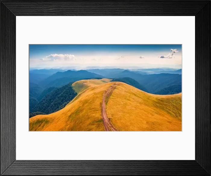 Framed Print : Aerial landscape photography. Impressive summer scene with old country road on Menchul ridge Framed Print : Aerial landscape photography. Impressive summer scene with old country road on Menchul ridge