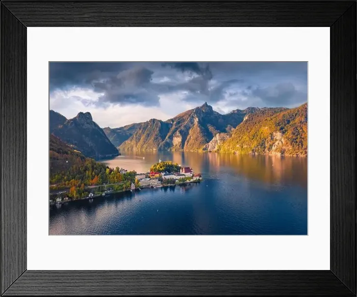 Framed Print : Aerial landscape photography. Dramatic autumn view from flying drone of Traunsee lake Framed Print : Aerial landscape photography. Dramatic autumn view from flying drone of Traunsee lake
