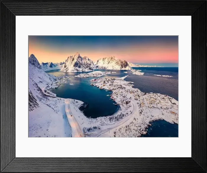 Framed Print : Unbelievable evening view from flying drone of popular tourist destination - Reine town Framed Print : Unbelievable evening view from flying drone of popular tourist destination - Reine town