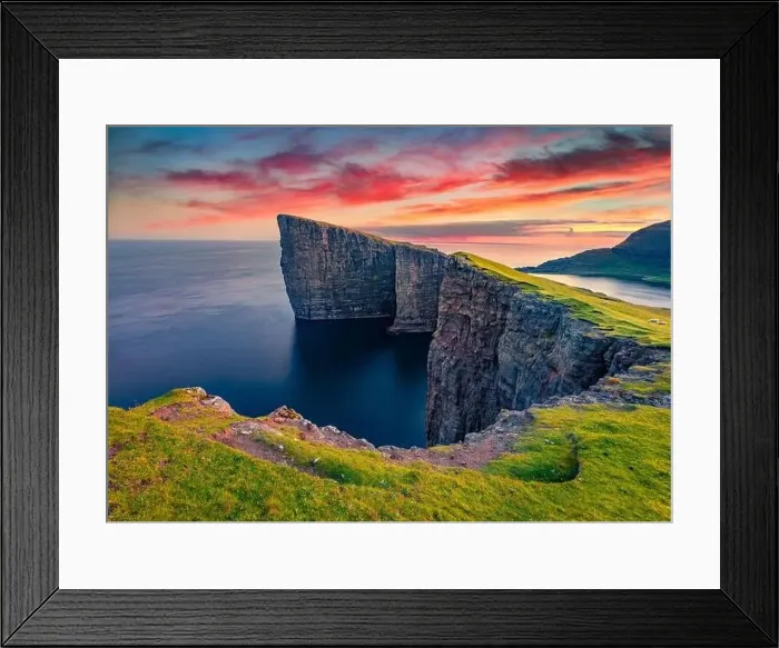 Framed Print : Beautiful summer scenery. Exciting summer view from flying drone of Sorvagsvatn lake Framed Print : Beautiful summer scenery. Exciting summer view from flying drone of Sorvagsvatn lake