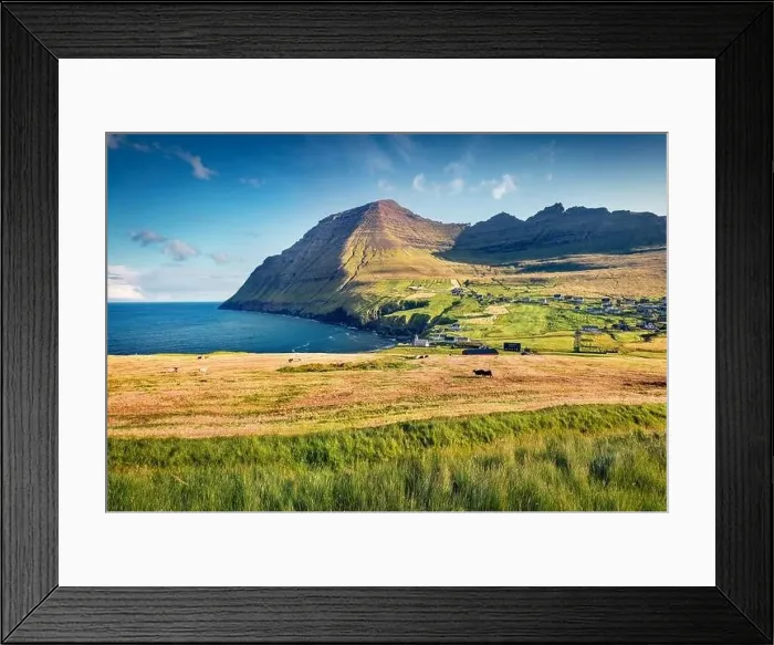 Framed Print : Landscape photography. Sunny summer view from flying drone of Vidareidi village