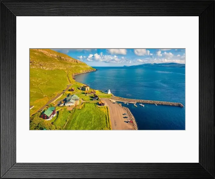 Framed Print : Aerial landscape photography. Sunny morning view from flying drone of Kirkjubour village Framed Print : Aerial landscape photography. Sunny morning view from flying drone of Kirkjubour village