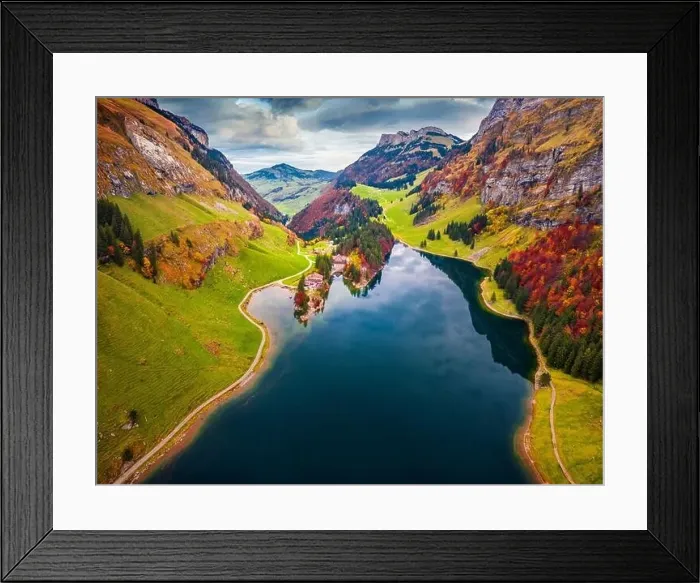 Framed Print : Aerial landscape photography. Fantastic autumn view from flying drone of Seealpsee lake