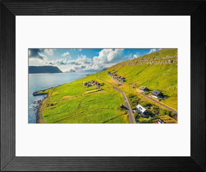 Framed Print : Aerial landscape photography. Superb morning view from flying drone of Kirkjubour village Framed Print : Aerial landscape photography. Superb morning view from flying drone of Kirkjubour village