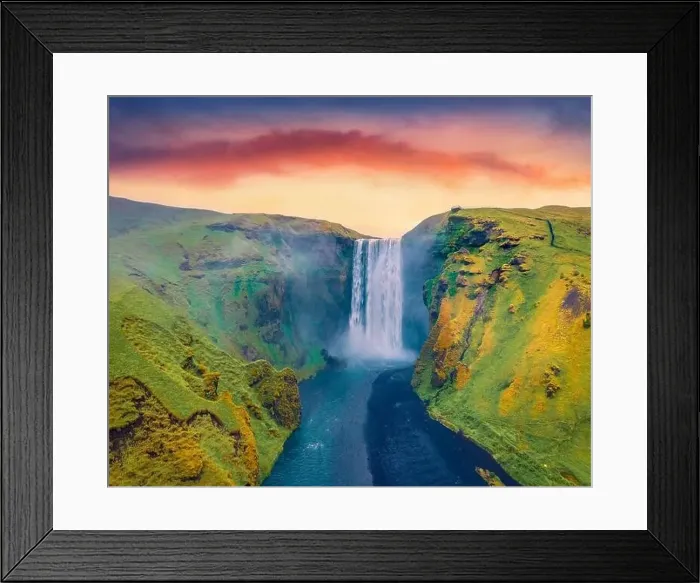 Framed Print : Aerial landscape photography. Spectacular summer view from flying drone of Skogafoss Waterfall Framed Print : Aerial landscape photography. Spectacular summer view from flying drone of Skogafoss Waterfall