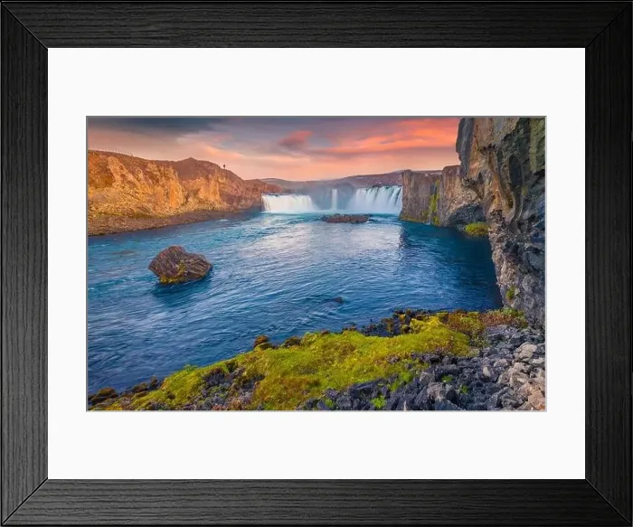 Framed Print : View from flying drone from the down of Godafoss waterfall Framed Print : View from flying drone from the down of Godafoss waterfall