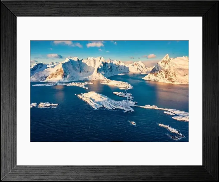 Framed Print : Aerial landscape photography. View from flying drone of Reine and Sakrisoy villeges Framed Print : Aerial landscape photography. View from flying drone of Reine and Sakrisoy villeges
