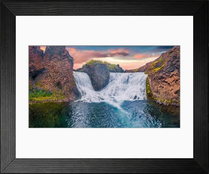 Framed Print : Beautiful summer scenery. Splendid outdoor scene of Hjalparfoss Waterfall Framed Print : Beautiful summer scenery. Splendid outdoor scene of Hjalparfoss Waterfall