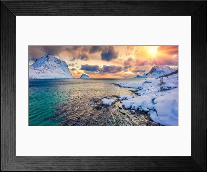 Framed Print : Aerial landscape photography. Colorful winter view from flying drone of Vik Beach after huge snowfall Framed Print : Aerial landscape photography. Colorful winter view from flying drone of Vik Beach after huge snowfall