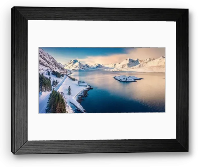 Framed Print : Sunny morning view from flying drone of Andopen fjord with Kakernbrua bridge on background Framed Print : Sunny morning view from flying drone of Andopen fjord with Kakernbrua bridge on background