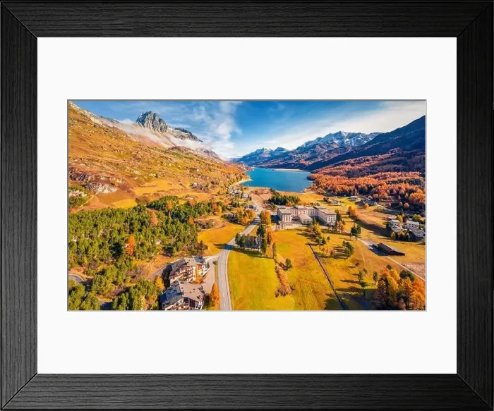 Framed Print : Aerial landscape photography. Breathtaking autumn view from flying drone of Maloja village Framed Print : Aerial landscape photography. Breathtaking autumn view from flying drone of Maloja village