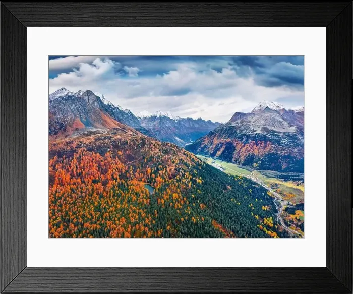 Framed Print : Aerial landscape photography. Dramatic autumn view from flying drone of Maloya pass Framed Print : Aerial landscape photography. Dramatic autumn view from flying drone of Maloya pass