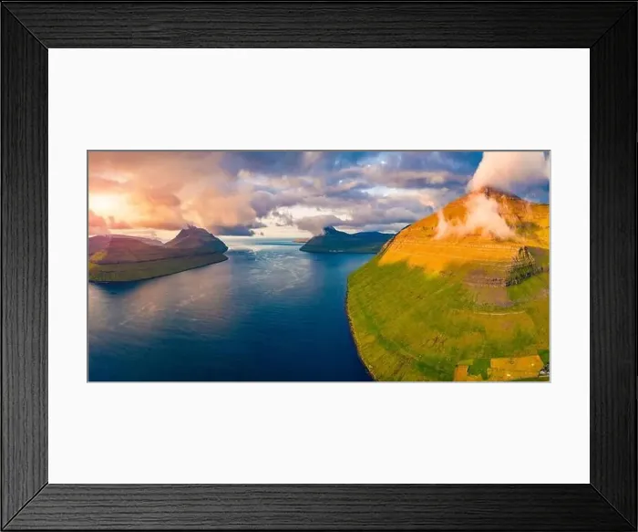 Framed Print : Aerial landscape photography. Dramatic summer view from flying drone of Kalsoy island Framed Print : Aerial landscape photography. Dramatic summer view from flying drone of Kalsoy island