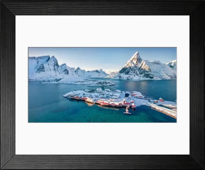 Framed Print : Beautiful winter scenery. Stunning winter view from flying drone of Hamnoy villege Framed Print : Beautiful winter scenery. Stunning winter view from flying drone of Hamnoy villege