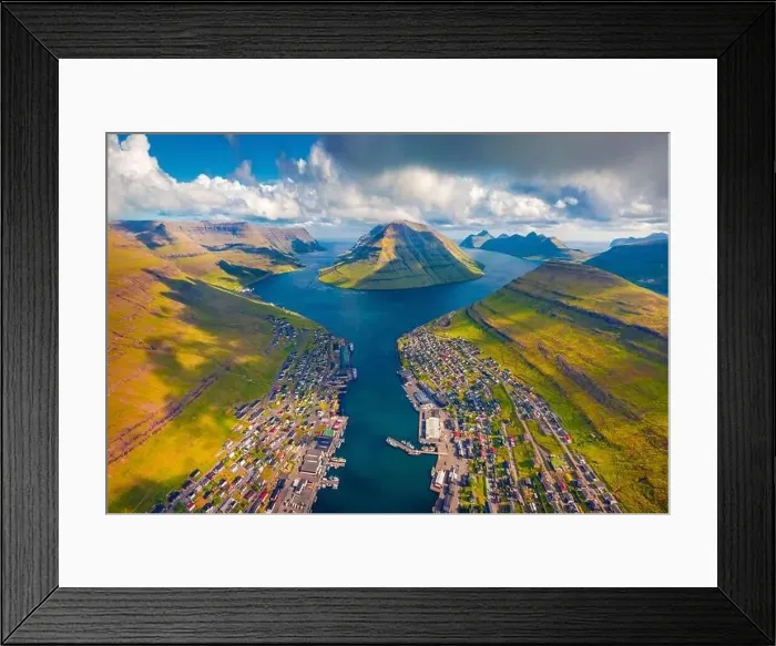 Framed Print : Aerial landscape photography. Awesome summer view from flying drone of Klaksvik town Framed Print : Aerial landscape photography. Awesome summer view from flying drone of Klaksvik town