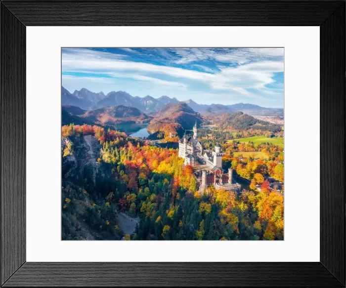 Framed Print : Aerial landscape photography. View from flying drone popular tourist destination - Neuschwanstein Castle Framed Print : Aerial landscape photography. View from flying drone popular tourist destination - Neuschwanstein Castle