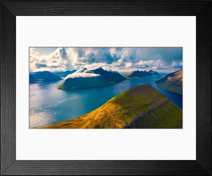 Framed Print : Aerial landscape photography. Dramatic evening view from flying drone Kalsoy island Framed Print : Aerial landscape photography. Dramatic evening view from flying drone Kalsoy island