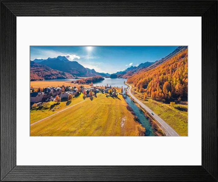 Framed Print : Aerial landscape photography. Attractive autumn view from flying drone of Sils lake Framed Print : Aerial landscape photography. Attractive autumn view from flying drone of Sils lake