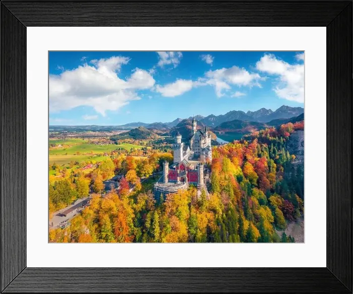 Framed Print : Aerial landscape photography. Adorable autumn view from flying drone of Neuschwanstein Castle Framed Print : Aerial landscape photography. Adorable autumn view from flying drone of Neuschwanstein Castle