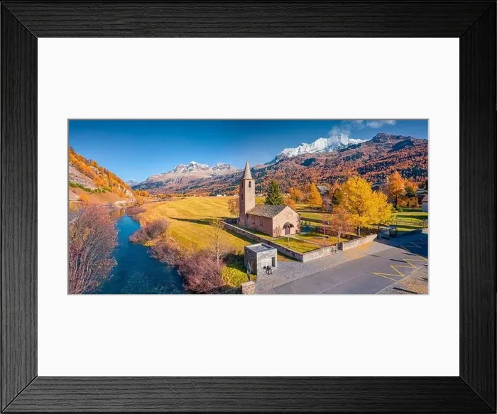 Framed Print : Aerial landscape photography. Colorful view from flying drone of San Lurench church in Sils im Engadin village Framed Print : Aerial landscape photography. Colorful view from flying drone of San Lurench church in Sils im Engadin village