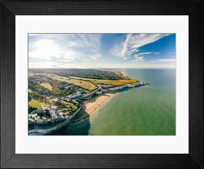 Framed Print : Drone aerial view of the beach and white cliffs, Botany Bay, England, UK Framed Print : Drone aerial view of the beach and white cliffs, Botany Bay, England, UK