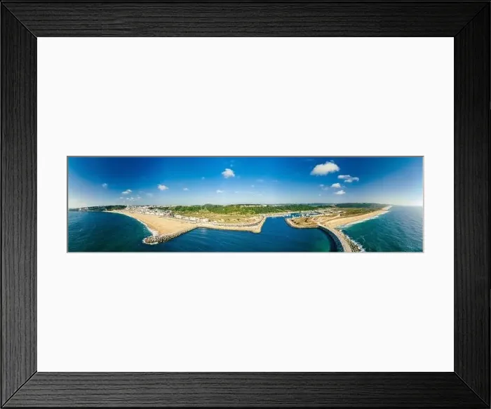 Framed Print : Aerial drone panorama view of Nazare, Portugal - town, ocean and beach