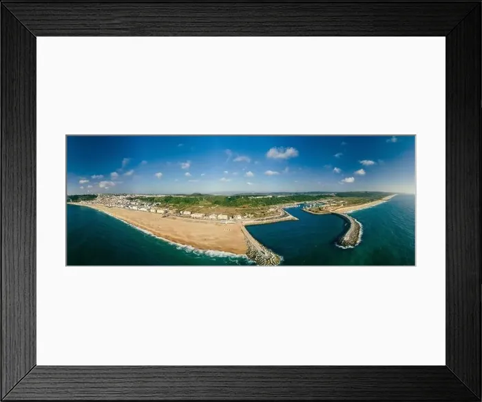 Framed Print : Aerial drone panorama view of Nazare, Portugal - town, ocean and beach