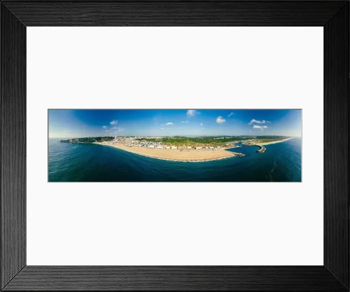 Framed Print : Aerial drone panorama view of Nazare, Portugal - town, ocean and beach