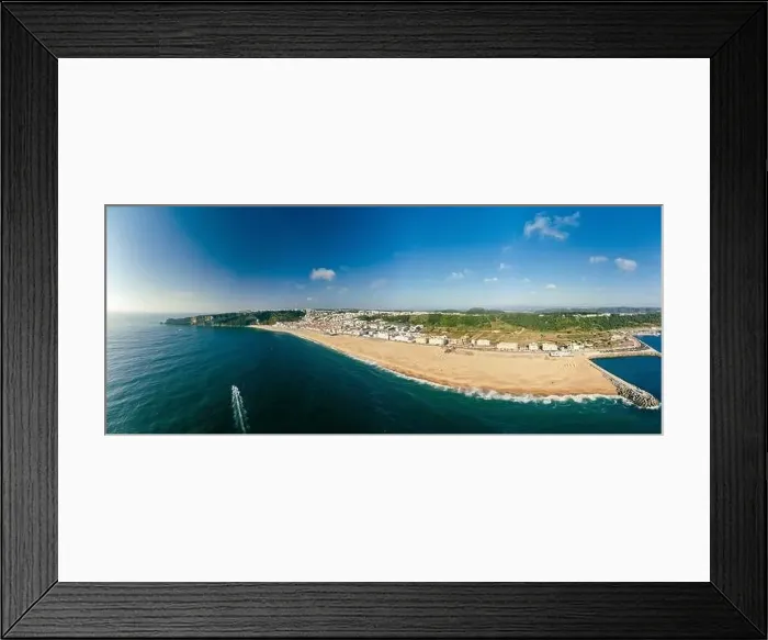 Framed Print : Aerial drone panorama view of Nazare, Portugal - town, ocean and beach