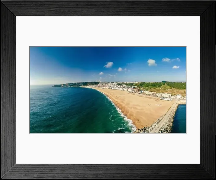 Framed Print : Aerial drone panorama view of Nazare, Portugal - town, ocean and beach