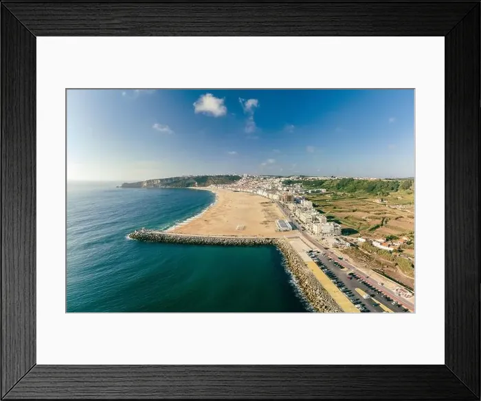 Framed Print : Aerial drone panorama view of Nazare, Portugal - town, ocean and beach