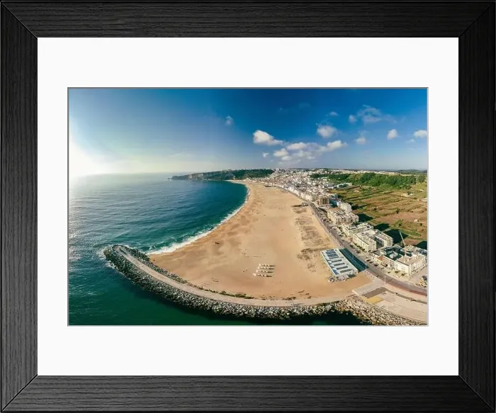 Framed Print : Aerial drone panorama view of Nazare, Portugal - town, ocean and beach